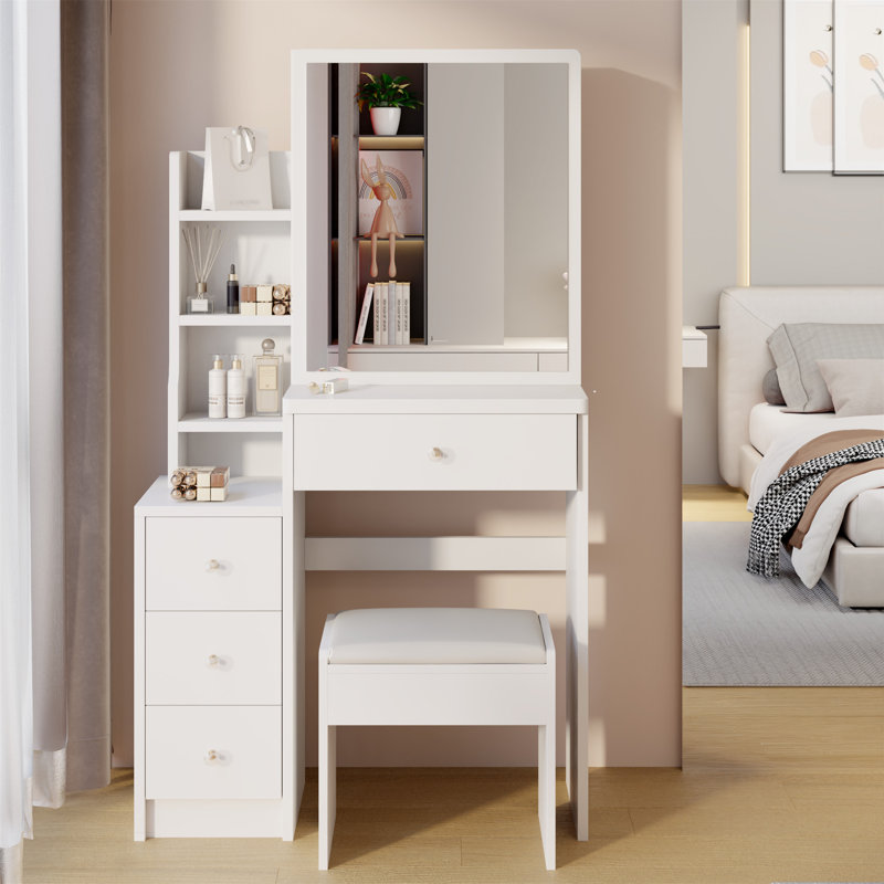 Ensemble de coiffeuse compacte avec tabouret rembourré et miroir coulissant pour les petits espaces, le rangement multicouche et le design élégant.