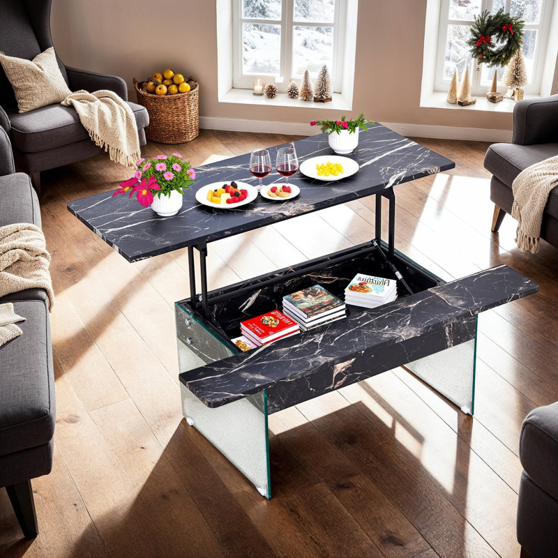 Table basse à plateau relevable avec grain de bois et pieds en verre, Noir, noir, noir, noir