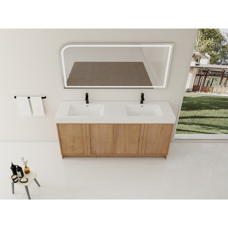 Meuble-lavabo autoportant de 72 po (70-7 / 8 po) avec lavabo en résine double et 4 portes d'armoire à fermeture en douceur, contreplaqué, chêne d'imitation (KD-PACKING)