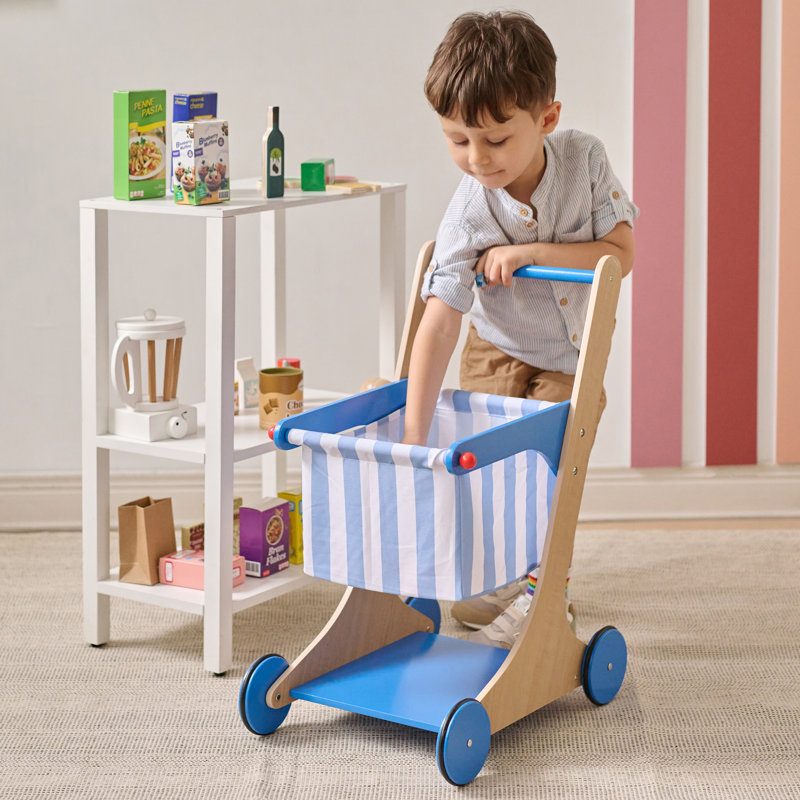 Teams Kids Pretend Play Panier d'épicerie en bois + 13 accessoires alimentaires et roulettes pour tout-petits de 3 ans et plus