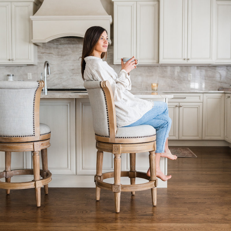 Maven Lane Pullman Stool with Fabric Upholstery, Counter Stool (26" Seat Height), Single, Weathered Oak