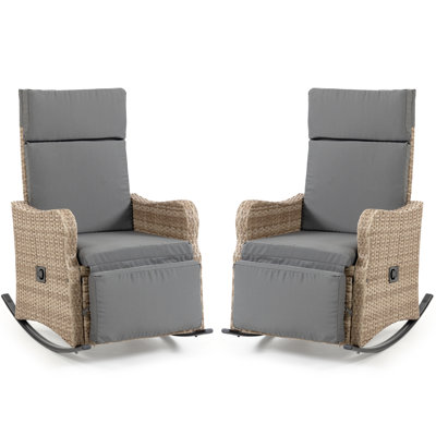 2 Set Outdoor Recliner Chair for Patio – 2-in-1 Convertible Footrest & Rocking Mode, 90-135° Adjustable Backrest, Rattan Wicker Chair with Removable Cushion for Garden, Balcony, Porch, Gray