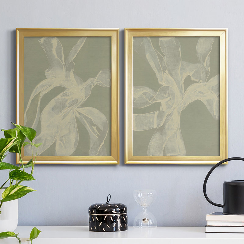 «White Ribbon on Celadon I», ensemble de 2 peintures sur toile encadrées, H 30,5 po x l 45 po x P 1 po, Cadre doré