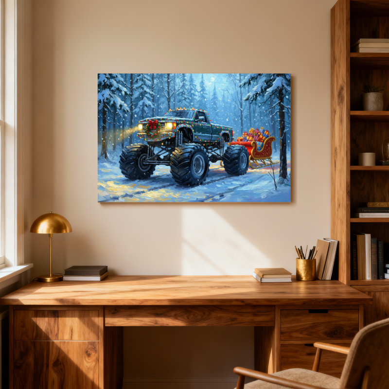 Camion de Noël tirant un traîneau dans la forêt enneigée, H 16 po x l 24 po