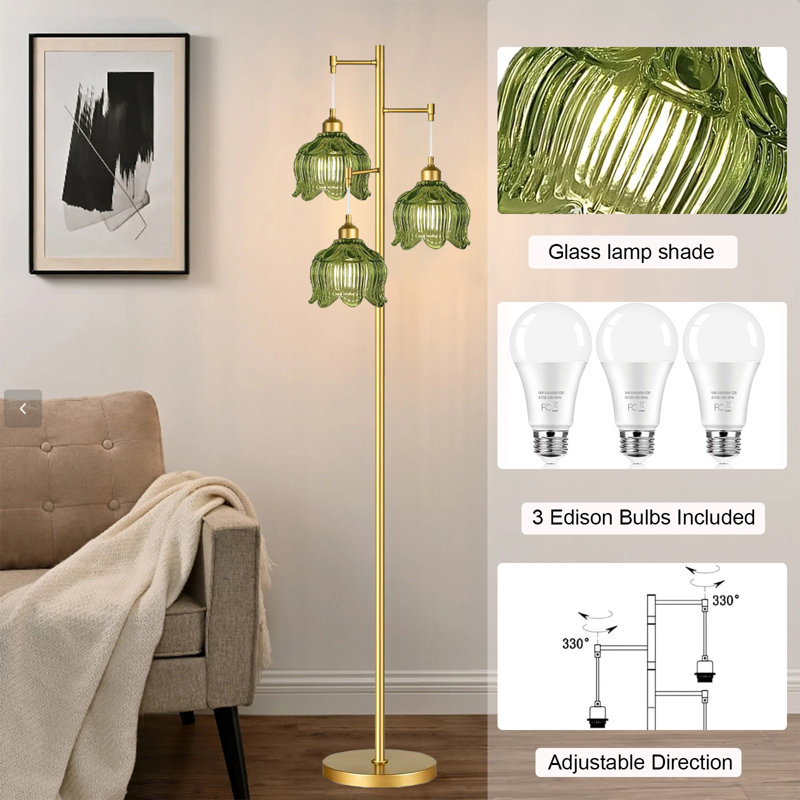 Rosdorf Park Mid-Century Modern Brass Tree Floor Lamp 3-Light