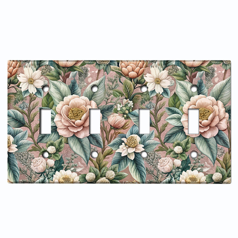 Couvercle de plaque d'interrupteur en métal; Bascule à 4 bandes US standard - Fleurs rétro, # 4 Quad bascule