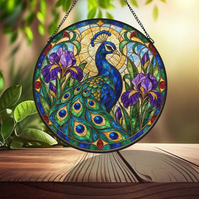Vitrail paon, iris mauve, vitrail circulaire, panneaux de verre pour décoration de fenêtre