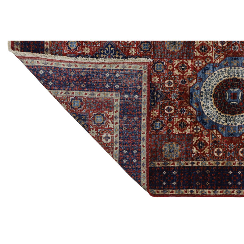 Hand Knotted Wool Area Rug in Red And Navy