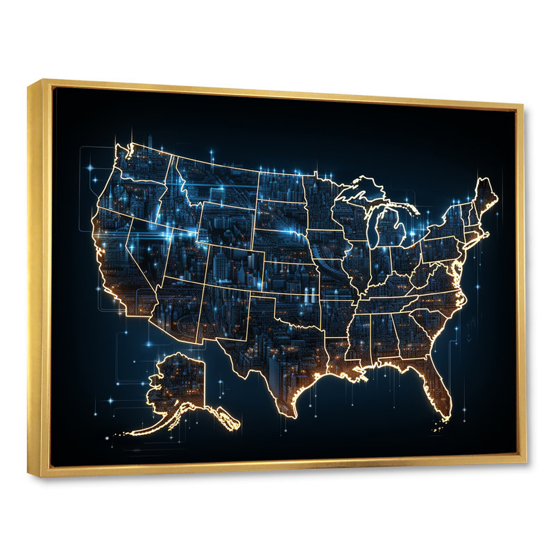 «Usa Map Luminous Repères», reproduction d'art sur toile encadrée, Cadre flottant doré, H 34 po x l 44 po x P 1,5 po