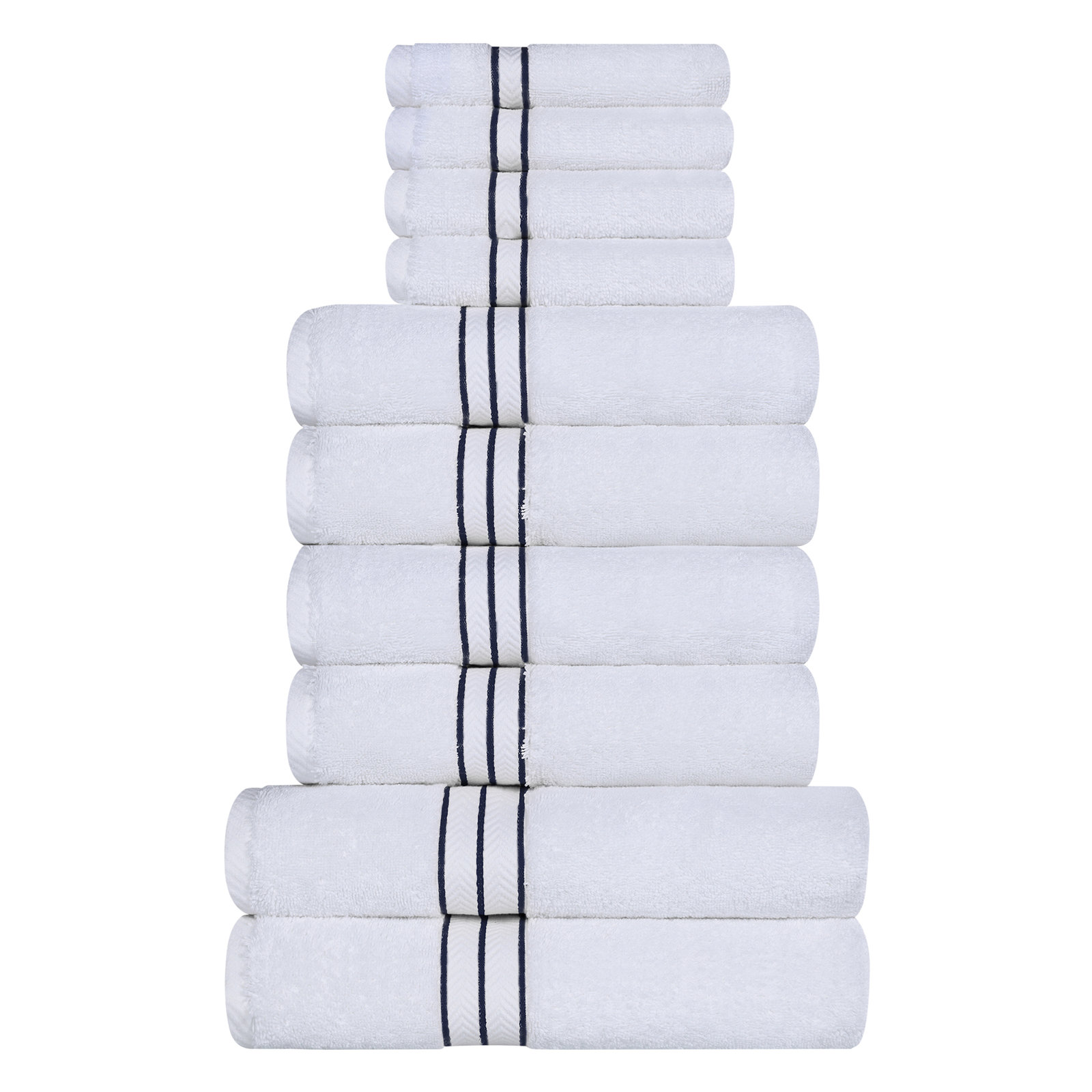 Josann Turkish Cotton Ultra-Plush Solid 10 Piece Highly Absorbent Heavyweight Towel Set, Navy Blue