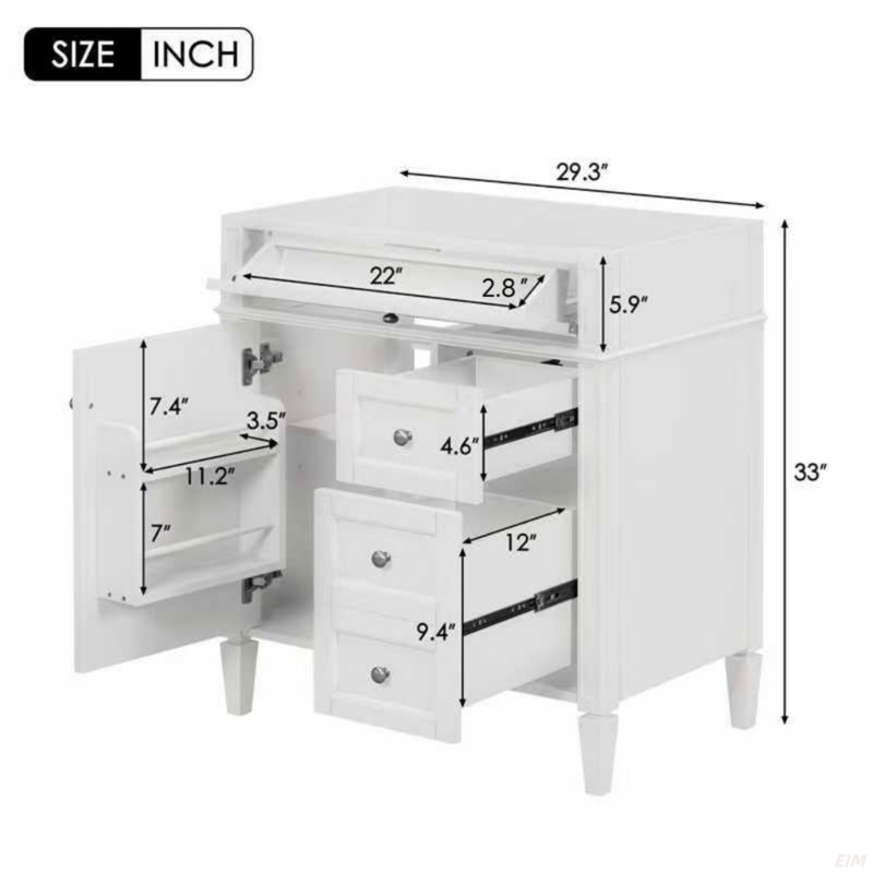 Meuble-lavabo de salle de bain sans lavabo supérieur, armoire de rangement moderne avec 2 tiroirs et un tiroir basculant, 30"