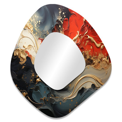 Red and gold marble fire VI - Abstract Painting Asymmetrical Wall Mirror, Red Unique Shape Decorative Mirror, Printed Metal Art