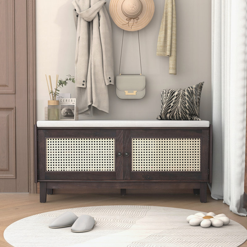 Banc d'entrée en rotin avec rangement Boho, Espresso / beige