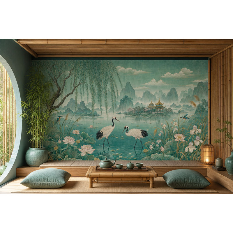 Papier peint paysage asiatique, grues bleu sarcelle, 200 po x 120 po, Non-Woven Nonpasted