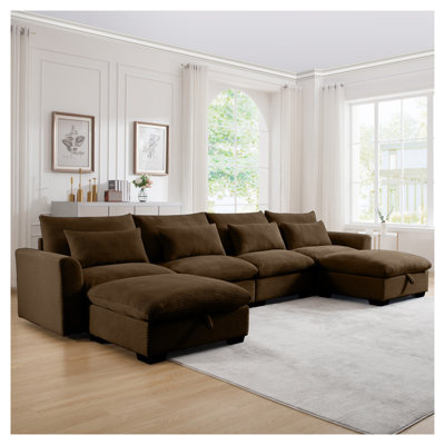 Canapé modulaire en U brun en velours côtelé, canapé 4 places avec 2 tabourets de rangement et 4 coussins de taille