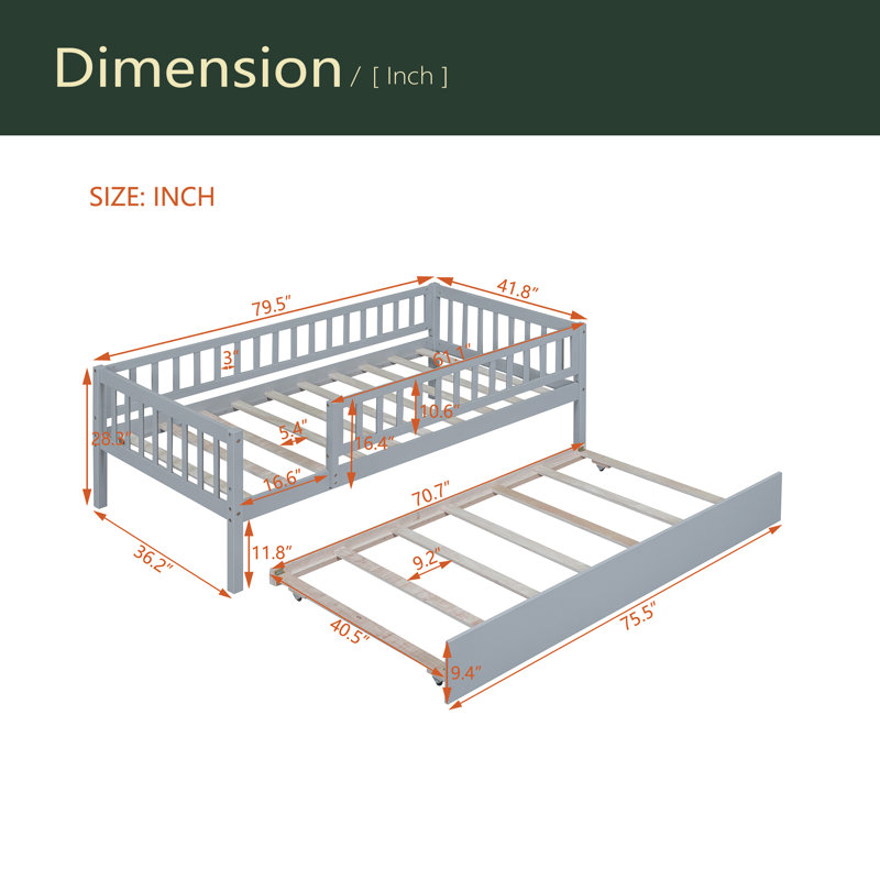 Twin Size Wood Daybed With Trundle And Fence Guardrails, Gray