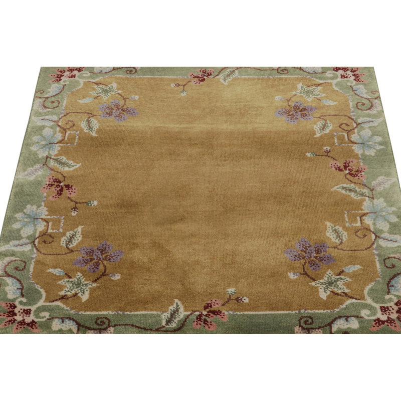 Rug & Kilim’S Chinese Art Deco Rug In Gold With Floral Pattern, Rectangle 9' x 12'