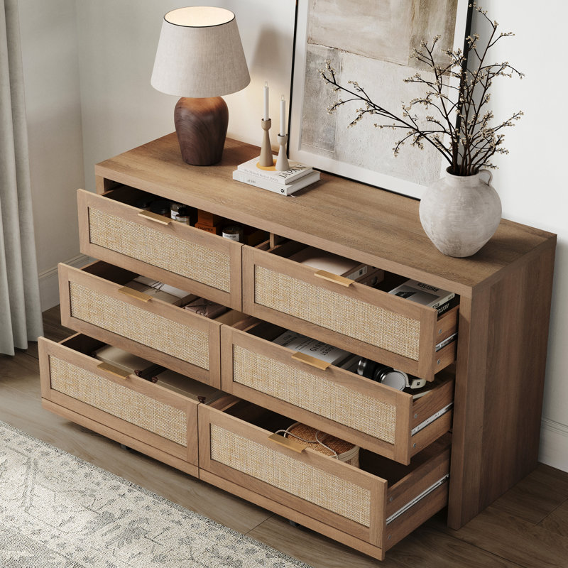 Boho Rattan 3 Piece Bedroom Set, 6-drawer Dresser And 2-drawer Charging Station Nightstand Bay Isle Home Color: Brown