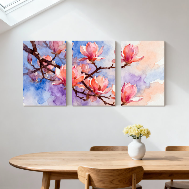«Magnolia Watercolor Magnolia Blossoms On Branches», ensemble de 3 impressions sur toile, H 36 po x l 72 po