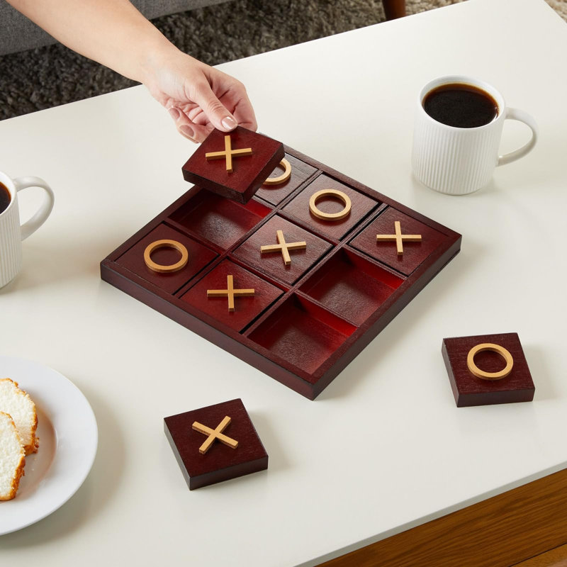Cherry Red and Gold Wooden Tic Tac Toe Game