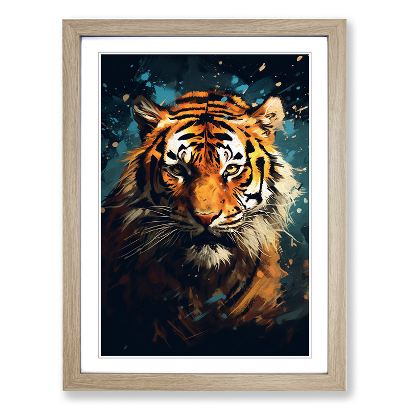 Tiger - Single Picture Frame Print on Wood, Oak Framed, 34cm H x 25cm W