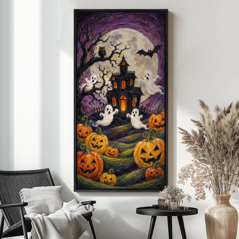 Tableau d'Halloween sur le thème d'une maison hantée, imprimé giclé sur toile encadré, pour le salon., Noir