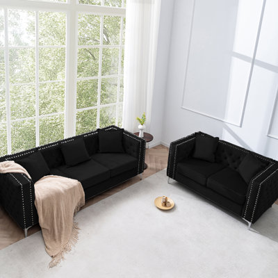 Retro Chesterfield Velvet Sofa Set With Solid Wood Frame -Loveseat & Sofa Living Room Couch Combination by Rosdorf Park