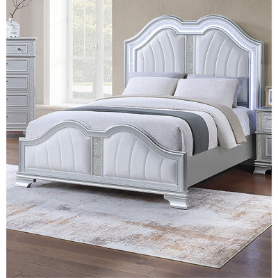 Contemporary Eastern King Size Bed - Unique Design, Silver Finish, Built-in USB, Luxury Bedroom Furniture