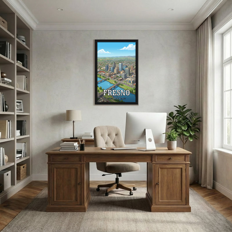 Scénario et paysages urbains Fresno, paysage urbain avec rivière et bâtiments, H 30 po x l 20 po
