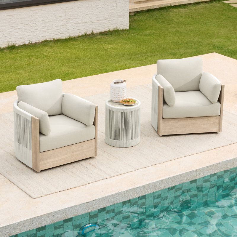 2-Person Swivel Seating Group with Solid Wood Table and Cushions