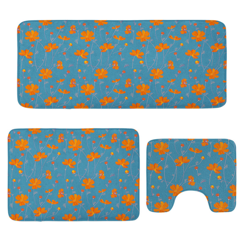  Ensemble de tapis de salle de bain orange et bleu 3 pièces et tapis rectangulaire en U turquoise foncé