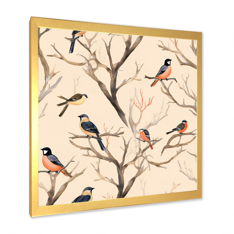 «Little Birds On The Tree Branches», reproduction d'art sur toile, Cadre doré à une seule photo, H 30 po x l 30 po x P 1 po