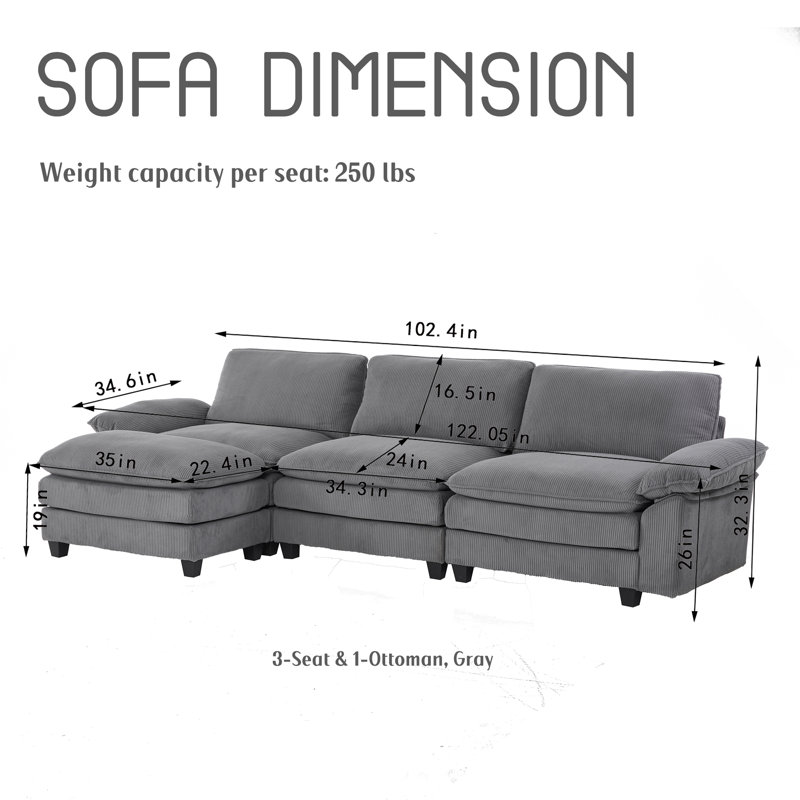 Modular Sectional Sofa,3-Seat,L-Shape Design,Gray, Gray