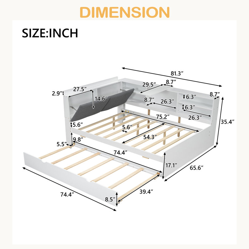Lit plateforme en bois avec lit gigogne, tablettes et tête de lit, Blanc