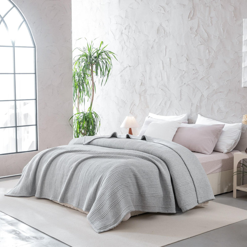 Couverture de lit légère en jersey de coton doux et réversible, Très grand lit, Gris clair