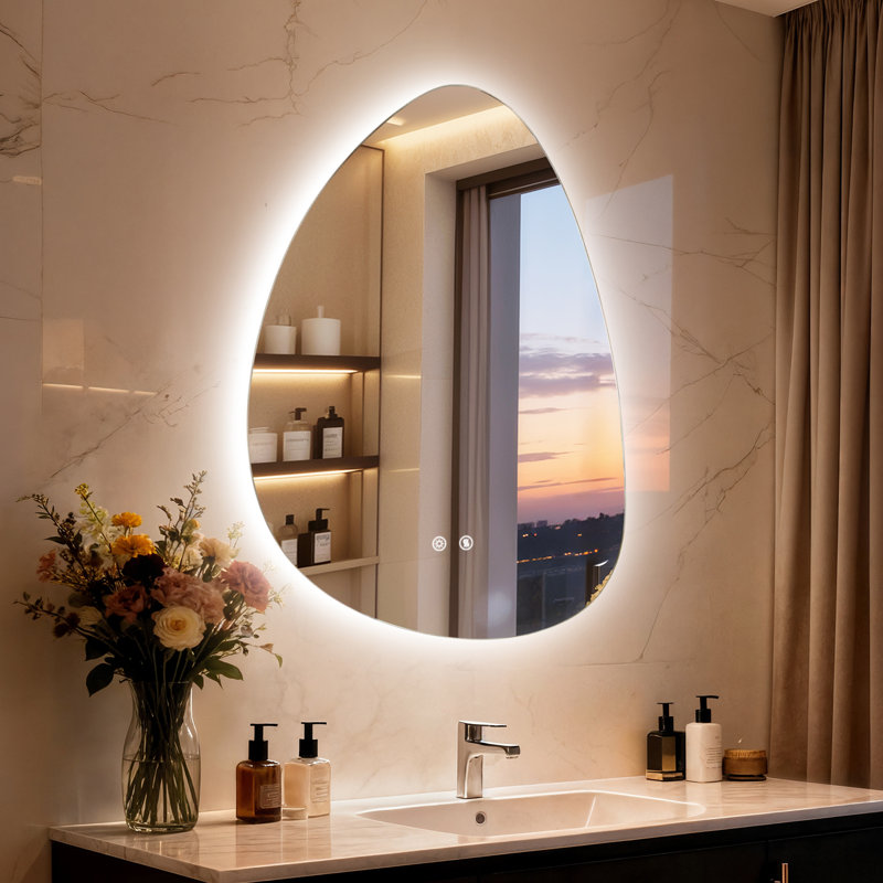 Asymmetrical Backlit Lighted Bathroom Mirror 3 Lighting Colors Defog 500X700Mm, 70 cm x 50 cm