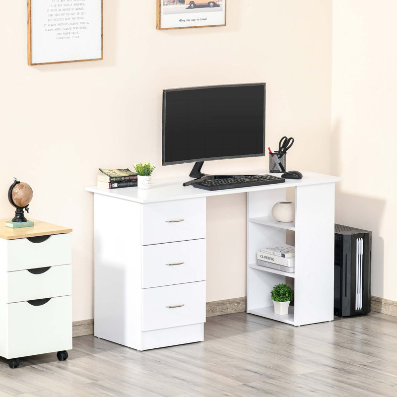 47" Modern Home Office Computer Desk Bookcase Combo Writing Table Workstation with 3 Drawer and Storage Shelf - White