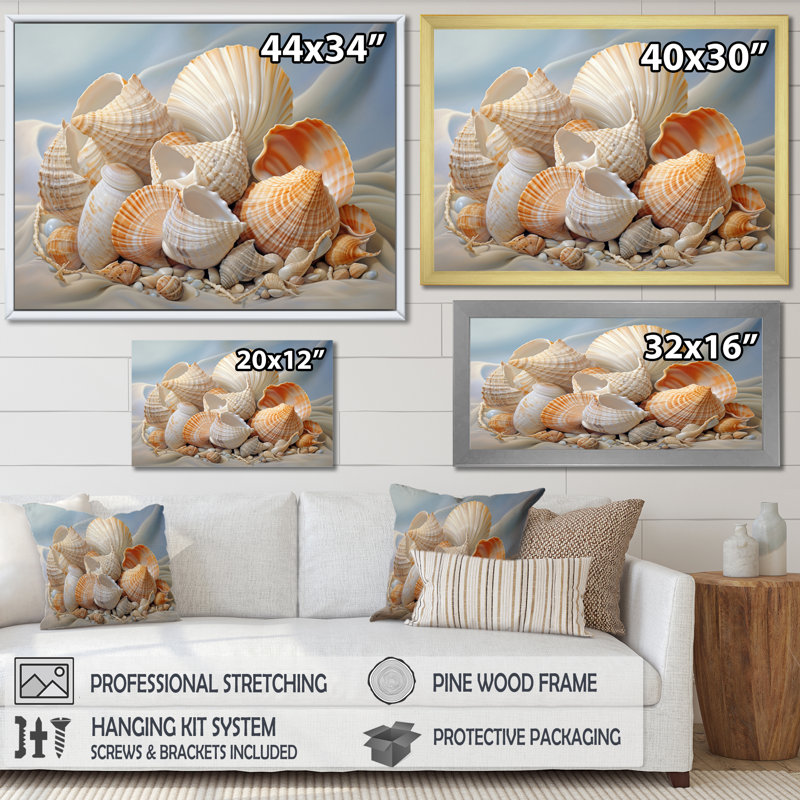 " Photorealistic Seashells Collage ", Gold Single Picture Framed, 12" H x 20" W x 1" D