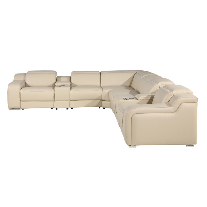 Canapé modulaire inclinable électrique en cuir italien 8 pièces Stanuta, Cuir véritable beige