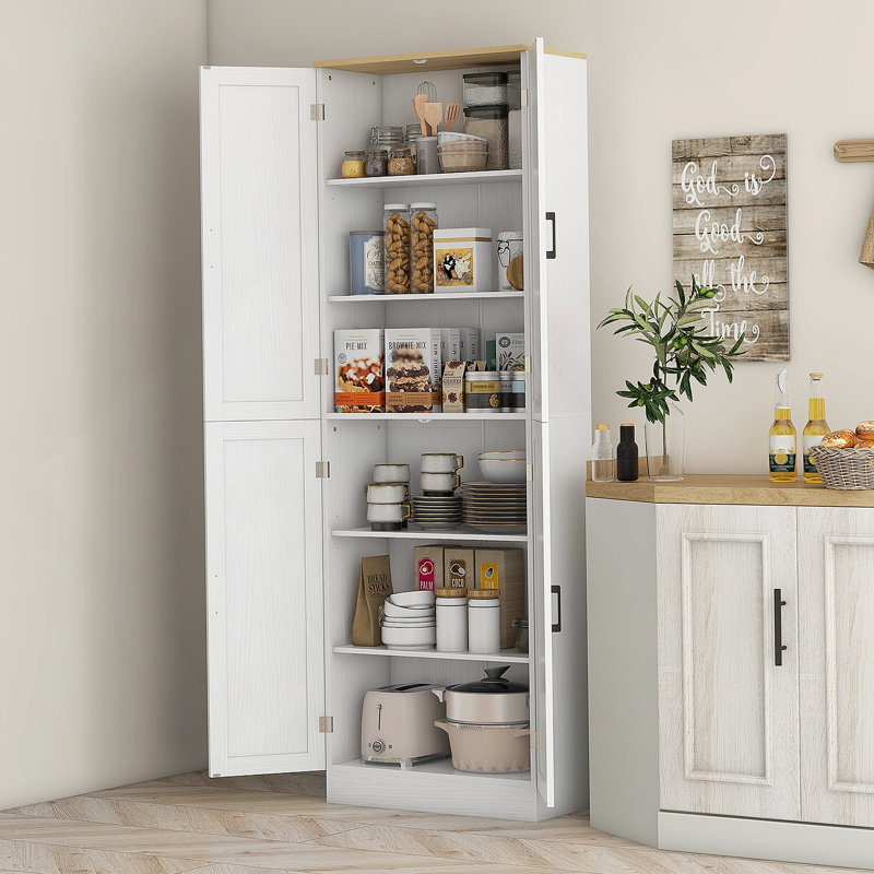 67" Freestanding Kitchen Pantry, 4-Door Storage Cabinet Organizer With Adjustable Shelves, Kitchen Cabinet With Doors And Shelves, Distressed White
