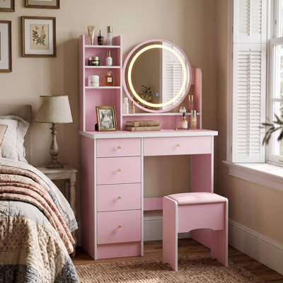 31.5" W Makeup Vanity Set with 3-Color LED Lighted Mirror, 5 Drawers and Upholstered Stool