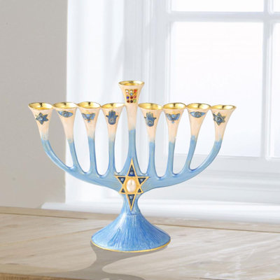 Family Hanukkah Set - Hand Painted Enamel Menorah Candelabra W/ Star Of David Design & Hand-Painted Spinning Dreidel By Matashi