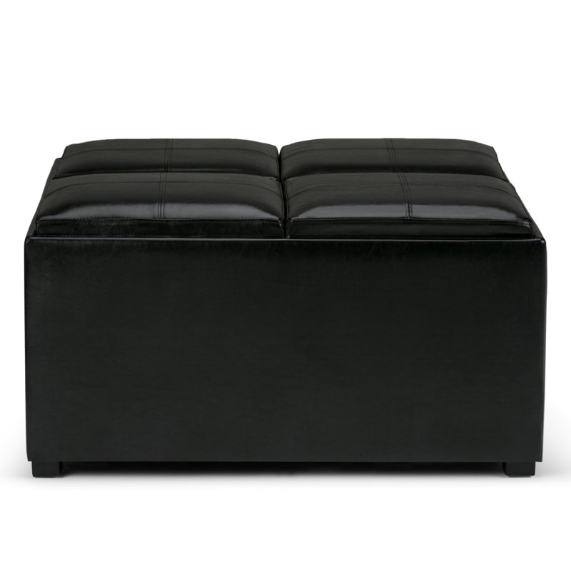 Avalon 35"W Upholstered Vegan Leather Modern Square Coffee Table Storage Ottoman with 4 Flip-Over Trays, Black
