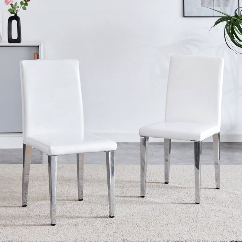 Set of 2 PU Leather Backrest Chairs with Sturdy Silver Metal Legs for Modern and Minimalist Home Decor, 2, White/Silver