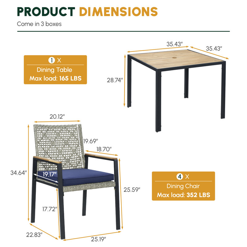 Ensemble de salle à manger d'extérieur 5 pièces avec table en bois d'acacia et trou pour parasol, Coussin crème / cadre brun