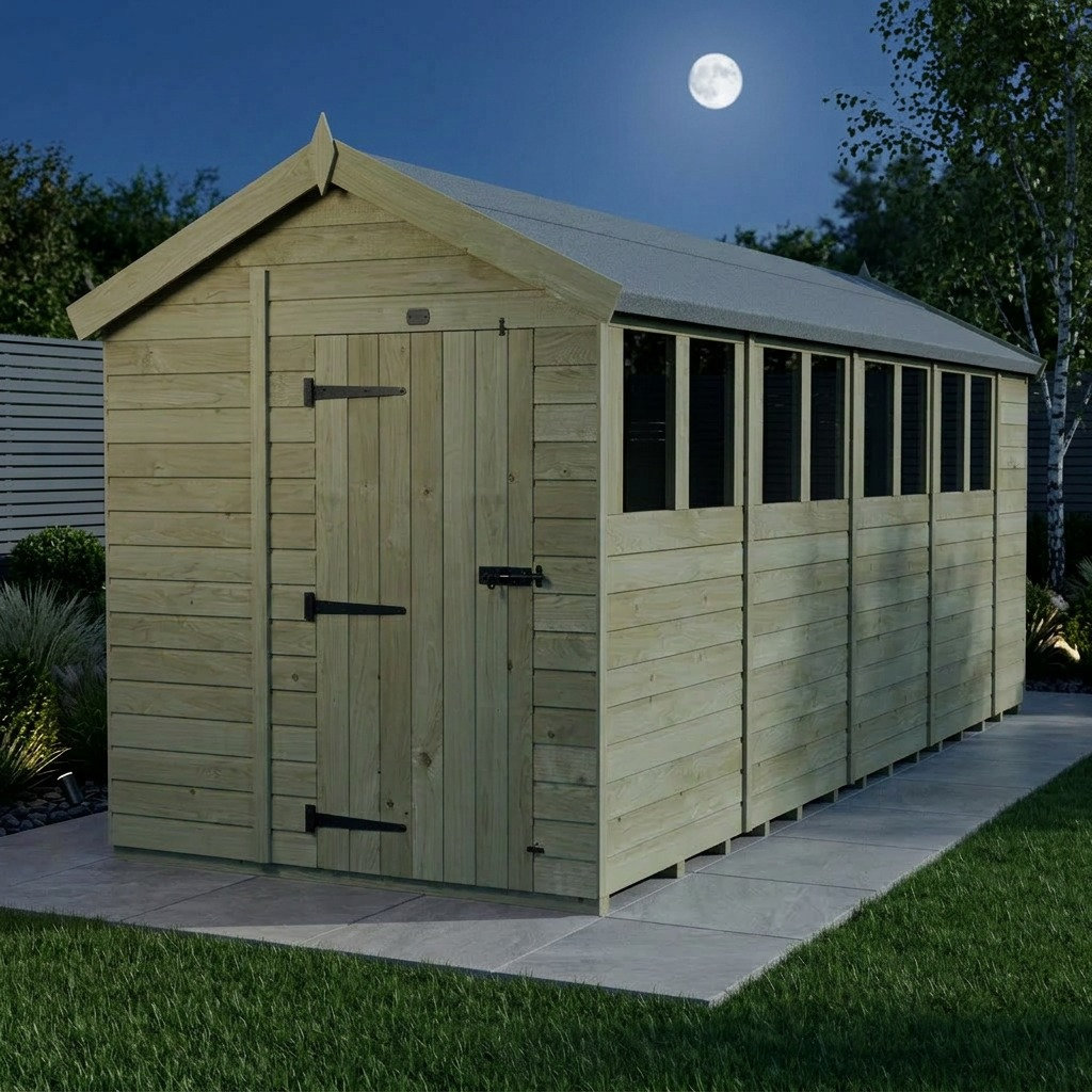 Total Sheds 7ft x 18ft Apex Garden Shed - Single Door - With Windows - Pressure Treated Timber - UK Manufactured