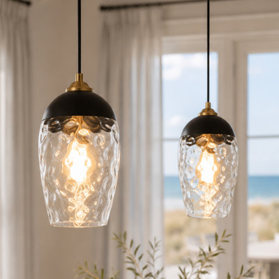 1-Light Dimmable Mini 5" Pendant with Textured Water Glass Bell (Set of 2)