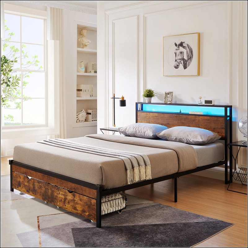 Très grand lit plateforme en métal avec tête de lit et pied de lit avec port USB, Grand lit