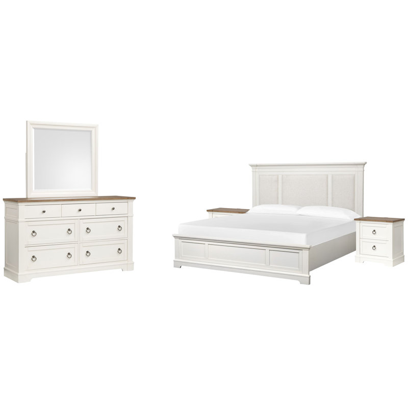 Très grand lit tapissier à panneau 2 tables de chevet et commode avec miroir, 5 Pcs: Bed, 2 Nightstands, Dresser, Mirror