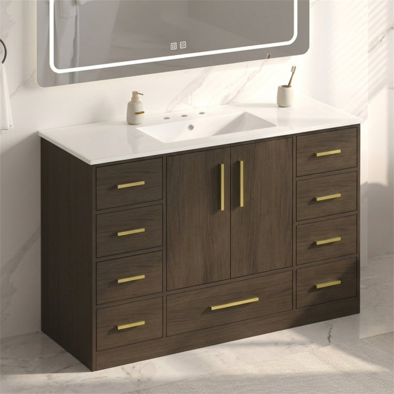 Meuble-lavabo brun foncé 48 po avec lavabo en céramique, 9 tiroirs et armoire à deux portes, quincaillerie à fermeture en douceur